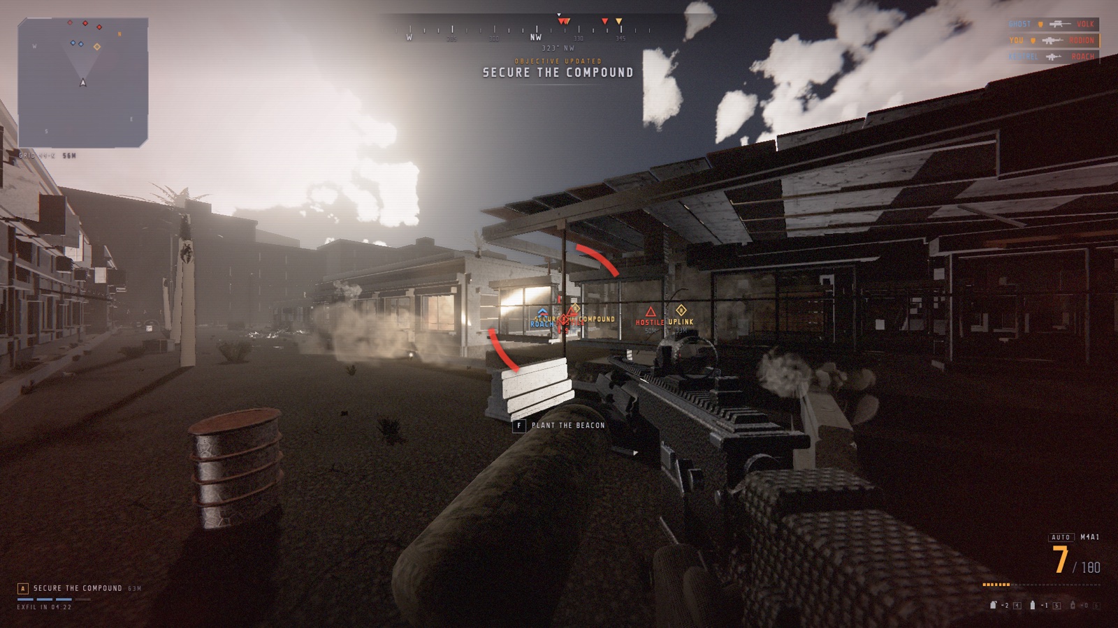 Mid-firefight with smoke and a loaded HUD